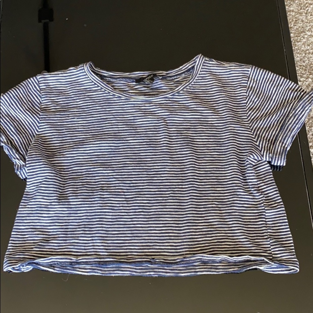 Blue and white striped cropped t shirt